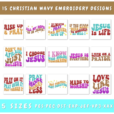 Christian Wavy Embroidery Designs Bundle - 15 Designs, Jesus Embroidery, Christian Quotes Embroidery Files, Pray On It Pray Over It PES Embroidery/Applique DESIGNS HappyDesignStudio 