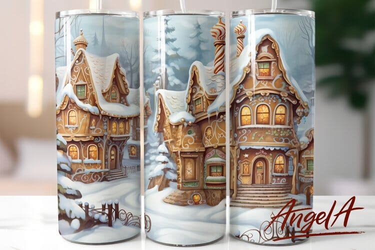 Christmas 20 oz skinny Tumbler wrap / Gingerbread house PNG Sublimation Angelina Semenova 
