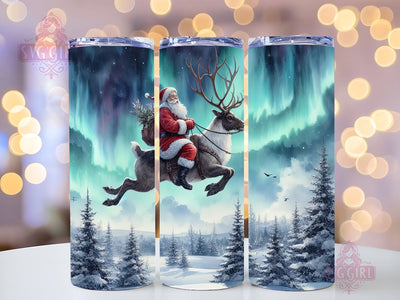 Christmas 20oz Skinny Tumbler Design, Northern Lights Tumbler Santa Reindeer Christmas Trees Sublimation PNG Download Sublimation SvggirlplusArt 