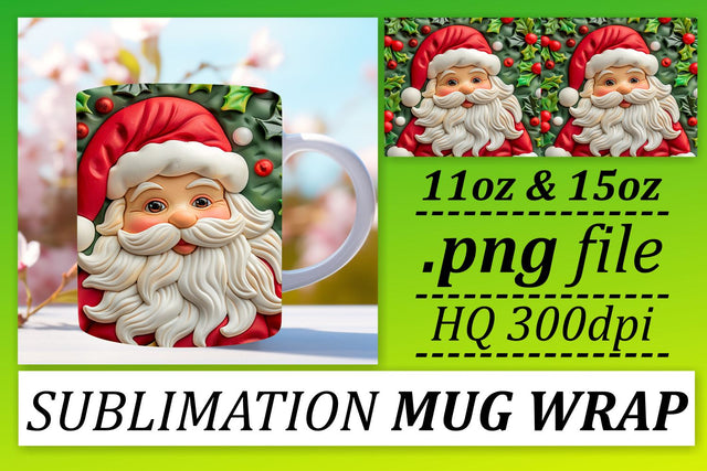 Christmas 3D Santa Claus Wrap 11oz 15oz Mug Design Sublimation afrosvg 