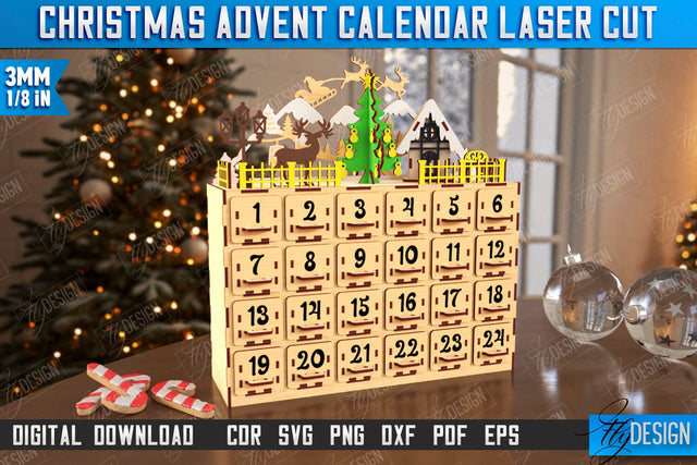 Christmas Advent Calendar Laser Cut | Gift Box | DIY | Holiday | Advent Box | CNC File SVG Fly Design 