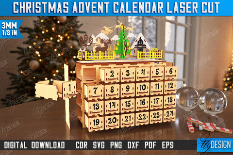 Christmas Advent Calendar Laser Cut | Gift Box | DIY | Holiday | Advent Box | CNC File SVG Fly Design 