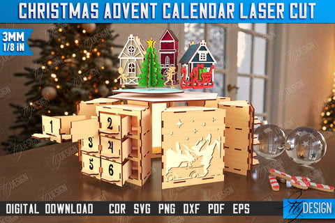 Christmas Advent Calendar Laser Cut | Gift Box | DIY | Holiday | Advent Box | CNC File SVG Fly Design 