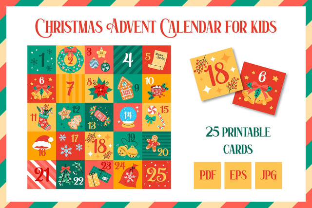 Christmas Advent Calendar Printable PDF | Cute Xmas Countdown for Kids 25 Cards | December 1 to 25 Vector Design | Digital Download JPG EPS Sublimation AnnaViolet_store 