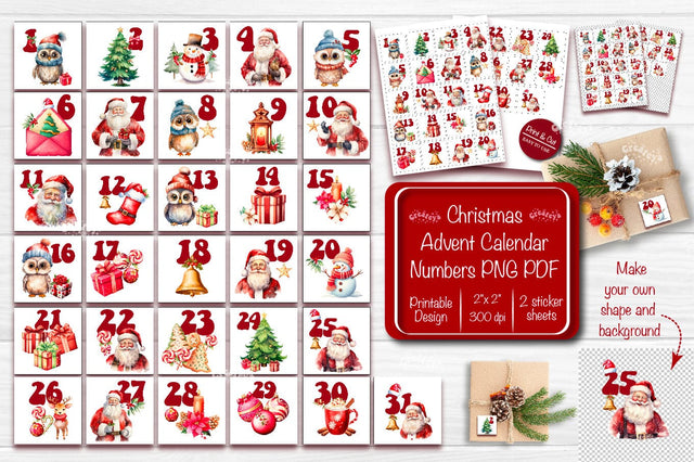 Christmas Advent numbers Christmas Advent calendar numbers Countdown to Christmas Stickers numbers Printable Stickers PNG Sublimation Createya Design 
