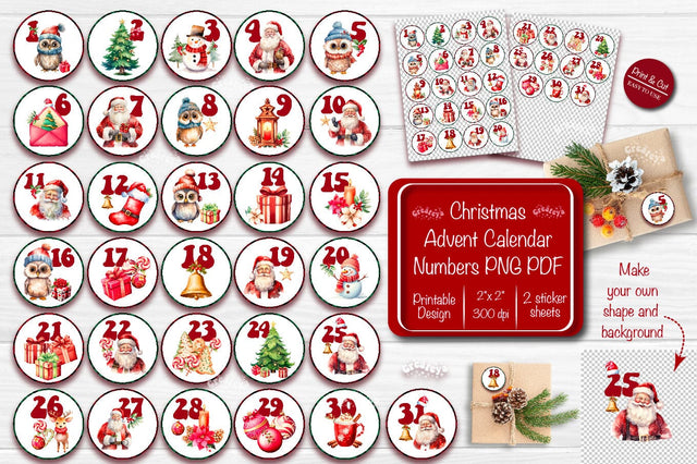 Christmas Advent numbers Christmas Advent calendar numbers Countdown to Christmas Stickers numbers Printable Stickers PNG Sublimation Createya Design 