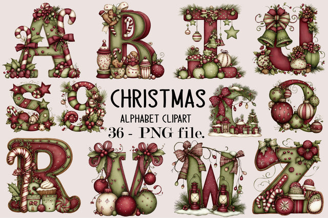Christmas Alphabet Clipart Bundle. Sublimation SVGArt 