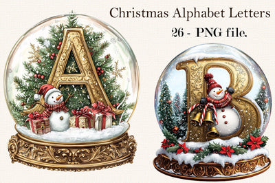 Christmas Alphabet Snow Globe Clipart PNG, A-Z Christmas Letters, Sublimation SVGArt 