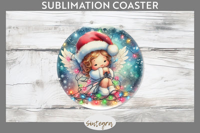 Christmas Angel Entangled in Lights Round Coaster Sublimation Sublimation Sintegra 