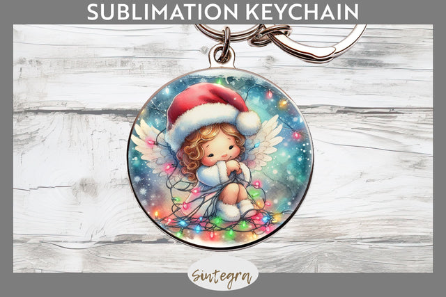 Christmas Angel Entangled in Lights Round Keychain Sublimation Sublimation Sintegra 