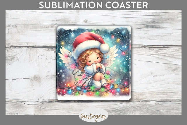 Christmas Angel Entangled in Lights Square Coaster Sublimation Sublimation Sintegra 