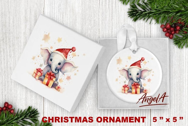Christmas animal ornament design, watercolor baby elephant Sublimation Angelina Semenova 