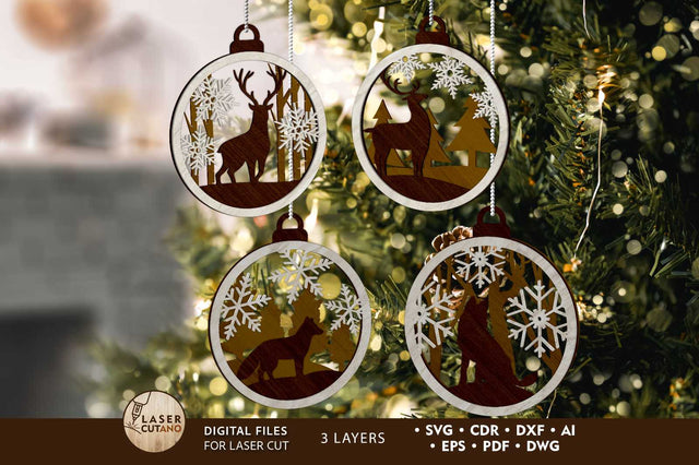 CHRISTMAS ANIMAL ORNAMENT SET, Multilayer Template, Decorative Christmas Tot, Wood Cut and Paper Cut Files SVG LaserCutano 
