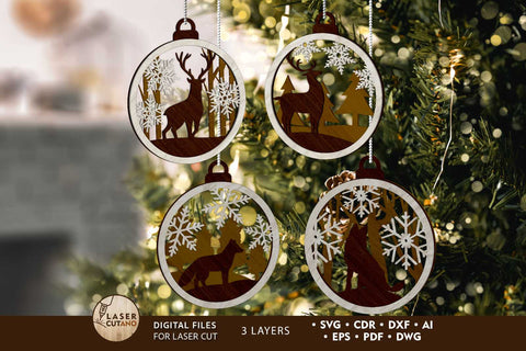 CHRISTMAS ANIMAL ORNAMENT SET, Multilayer Template, Decorative Christmas Tot, Wood Cut and Paper Cut Files SVG LaserCutano 