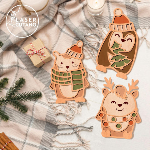 Christmas Animal ornaments, Laser Cut Decor, Wood Cut and Paper Cut Templates SVG LaserCutano 