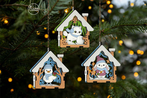 🎄 Christmas Animal Ornaments Set of 9 — Layered House-Shaped Laser Cut Files SVG LaserCutano 