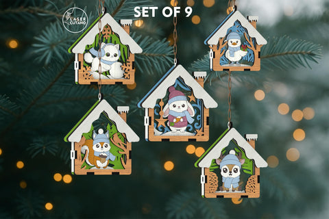 🎄 Christmas Animal Ornaments Set of 9 — Layered House-Shaped Laser Cut Files SVG LaserCutano 