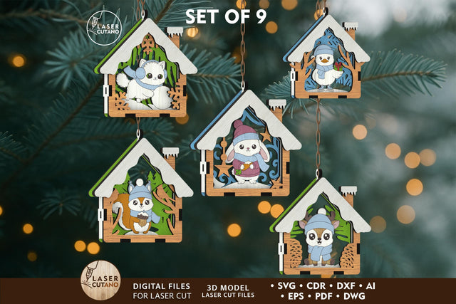 🎄 Christmas Animal Ornaments Set of 9 — Layered House-Shaped Laser Cut Files SVG LaserCutano 