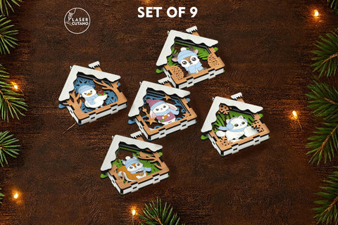 🎄 Christmas Animal Ornaments Set of 9 — Layered House-Shaped Laser Cut Files SVG LaserCutano 