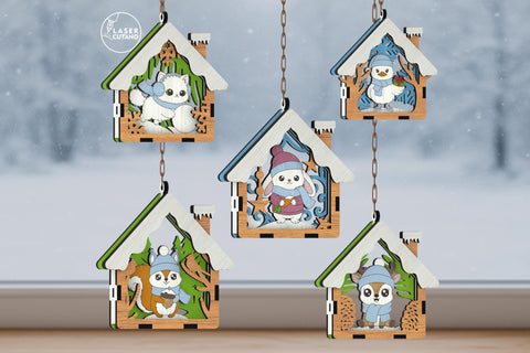 🎄 Christmas Animal Ornaments Set of 9 — Layered House-Shaped Laser Cut Files SVG LaserCutano 