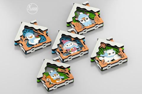 🎄 Christmas Animal Ornaments Set of 9 — Layered House-Shaped Laser Cut Files SVG LaserCutano 