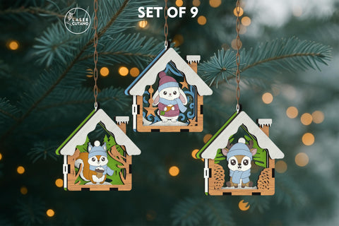 🎄 Christmas Animal Ornaments Set of 9 — Layered House-Shaped Laser Cut Files SVG LaserCutano 