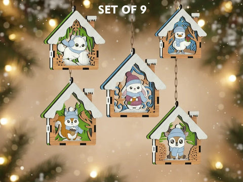🎄 Christmas Animal Ornaments Set of 9 — Layered House-Shaped Laser Cut Files SVG LaserCutano 