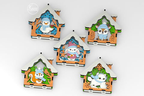 🎄 Christmas Animal Ornaments Set of 9 — Layered House-Shaped Laser Cut Files SVG LaserCutano 