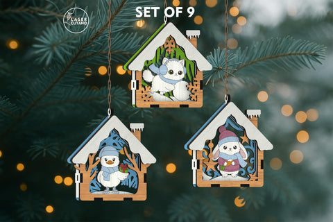🎄 Christmas Animal Ornaments Set of 9 — Layered House-Shaped Laser Cut Files SVG LaserCutano 