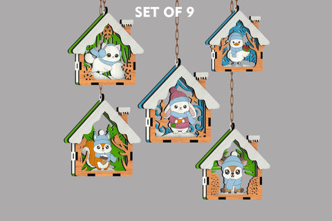 🎄 Christmas Animal Ornaments Set of 9 — Layered House-Shaped Laser Cut Files SVG LaserCutano 