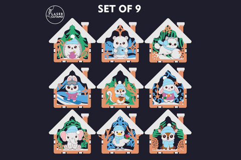 🎄 Christmas Animal Ornaments Set of 9 — Layered House-Shaped Laser Cut Files SVG LaserCutano 