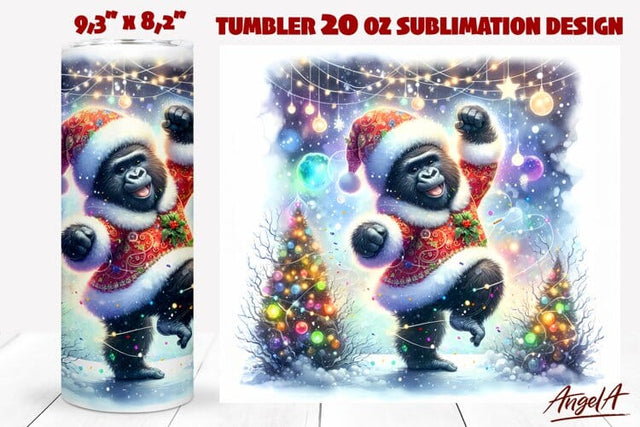 Christmas Animal tumbler, Christmas gorilla illustration PNG Sublimation Angelina Semenova 