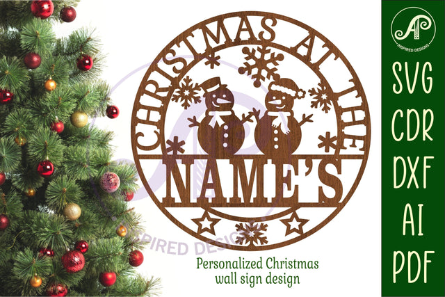 Christmas at the tree snowman Name sign svg laser cut SVG APInspireddesigns 
