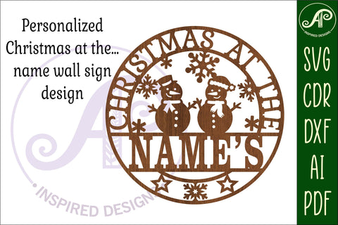 Christmas at the tree snowman Name sign svg laser cut SVG APInspireddesigns 