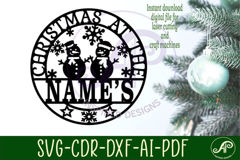 Christmas at the tree snowman Name sign svg laser cut SVG APInspireddesigns 