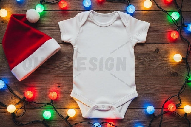 Christmas baby onesie with santa hat Mock Up Photo Designangry 