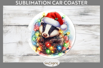 Christmas Badger Entangled in Lights Car Coaster Sublimation Sublimation Sintegra 