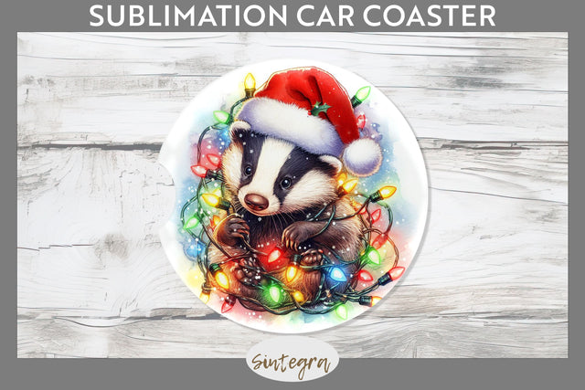 Christmas Badger Entangled in Lights Car Coaster Sublimation Sublimation Sintegra 