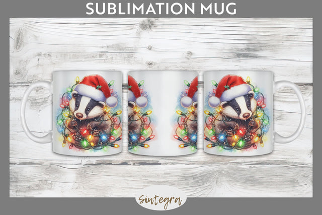 Christmas Badger Entangled in Lights Mug Wrap Sublimation Sublimation Sintegra 