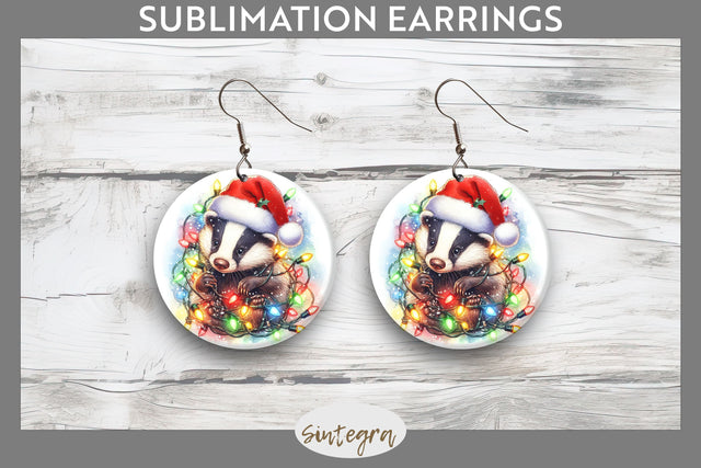 Christmas Badger Entangled in Lights Round Earrings Sublimation Sublimation Sintegra 