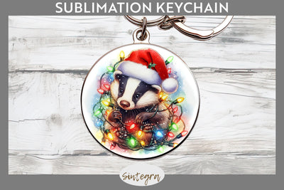 Christmas Badger Entangled in Lights Round Keychain Sublimation Sublimation Sintegra 