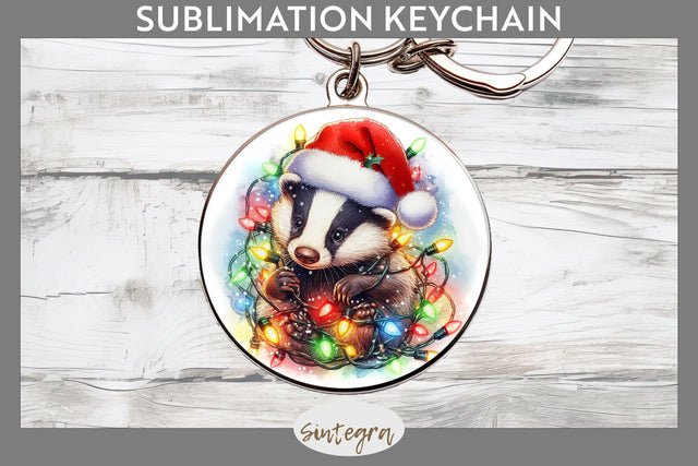 Christmas Badger Entangled in Lights Round Keychain Sublimation Sublimation Sintegra 