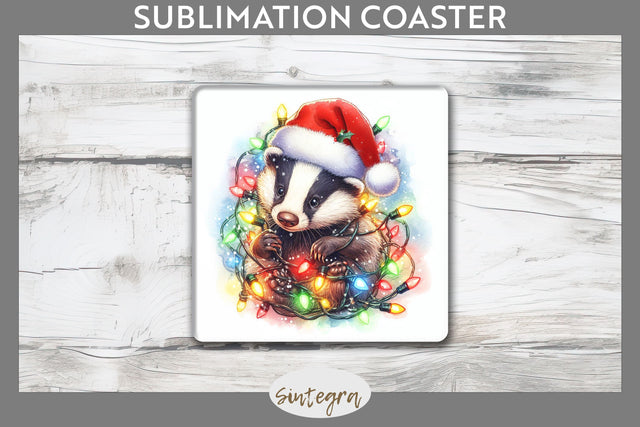 Christmas Badger Entangled in Lights Square Coaster Sublimation Sublimation Sintegra 