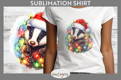 Christmas Badger Entangled in Lights T-shirt Sublimation Sublimation Sintegra 