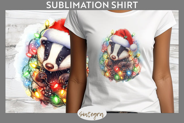 Christmas Badger Entangled in Lights T-shirt Sublimation Sublimation Sintegra 