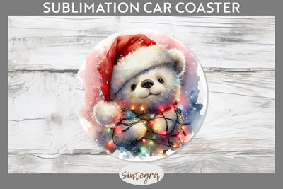 Christmas Bear Entangled in Lights Car Coaster Sublimation Sublimation Sintegra 