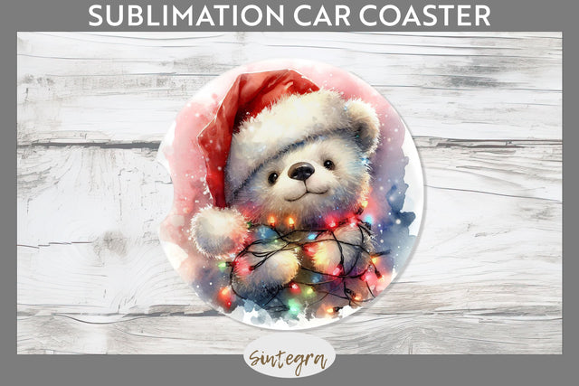 Christmas Bear Entangled in Lights Car Coaster Sublimation Sublimation Sintegra 