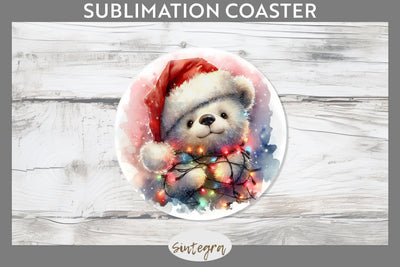 Christmas Bear Entangled in Lights Round Coaster Sublimation Sublimation Sintegra 