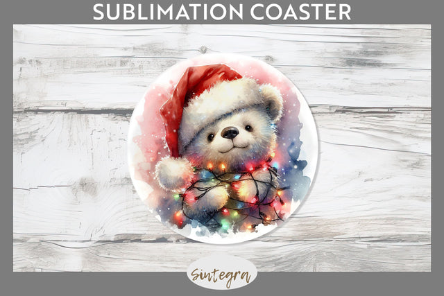 Christmas Bear Entangled in Lights Round Coaster Sublimation Sublimation Sintegra 