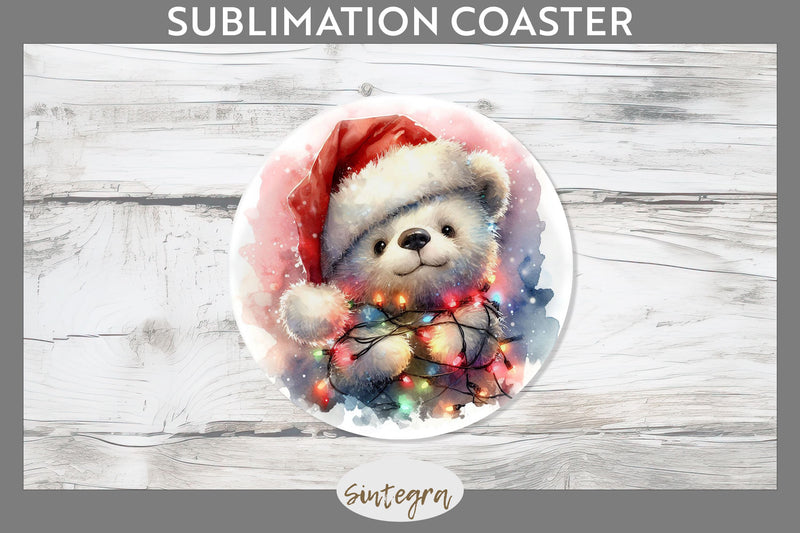 Christmas Bear Entangled in Lights Round Coaster Sublimation Sublimation Sintegra 